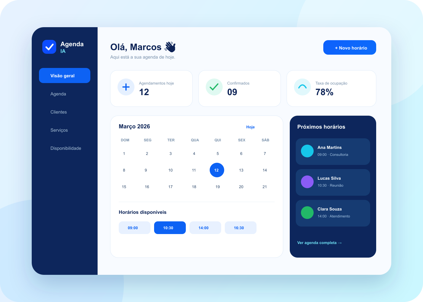 Interface fictícia do Agenda IA com calendário, criação de horários e próximos agendamentos
